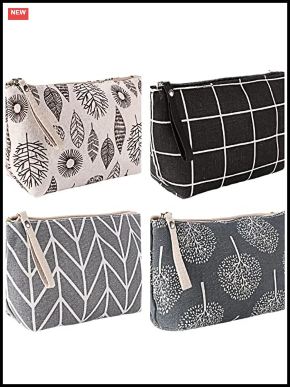 Set of 4 Canvas Cosmetic Bags with Zipper, Portable Travel Makeup Pouch